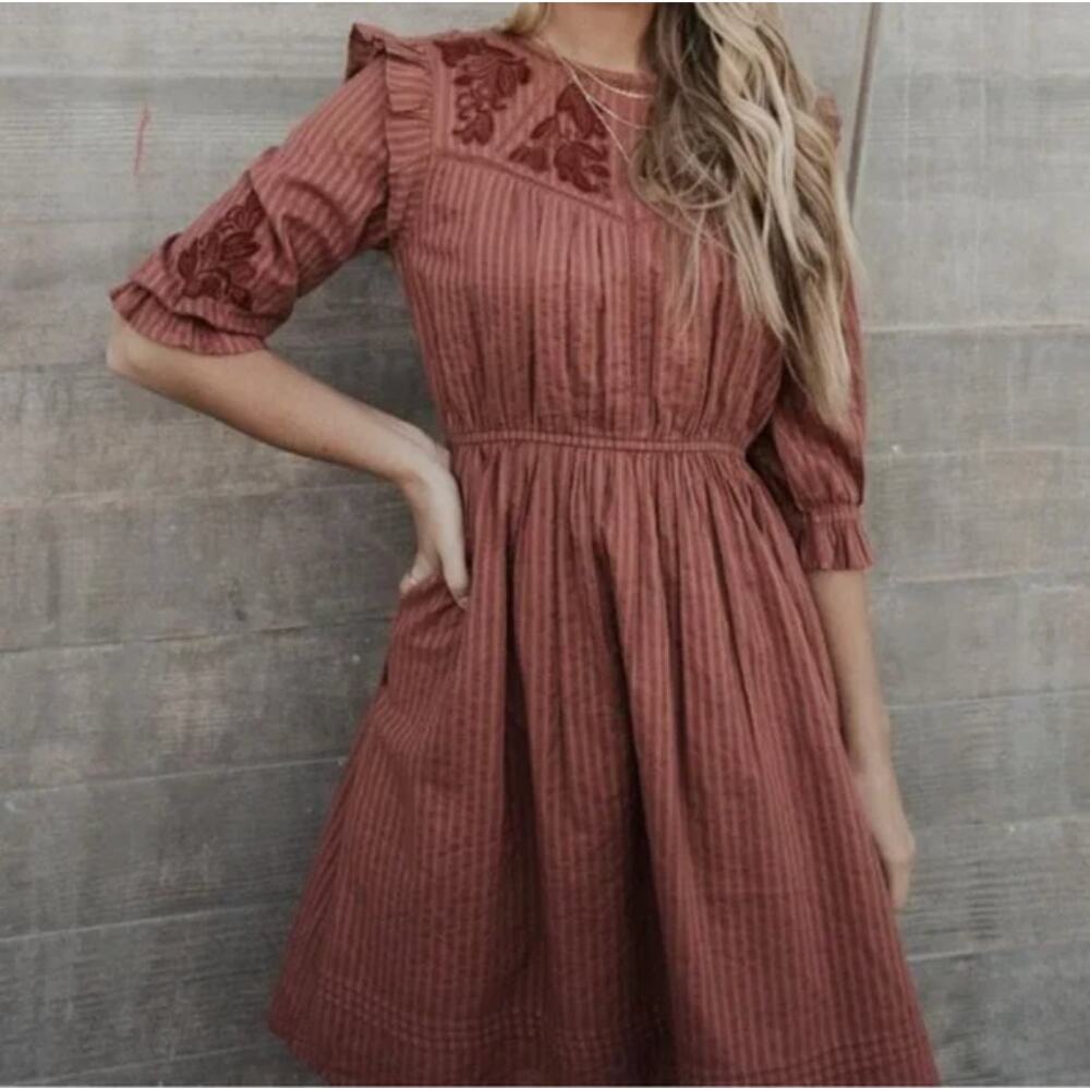 Bohme Mauve Embroidered Boho Prairie Midi Dress Size Medium